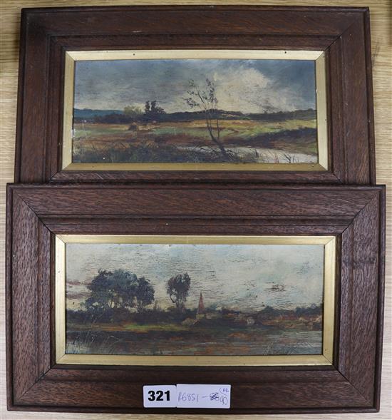 English School c.1900, pair of oils on panel, river landscapes, 4 x 9.5in.